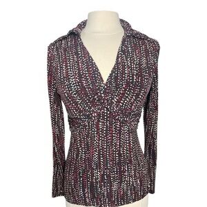 Nicole Miller Black Multicolor Dot Print Ruched Collared Top Small Long Sleeve